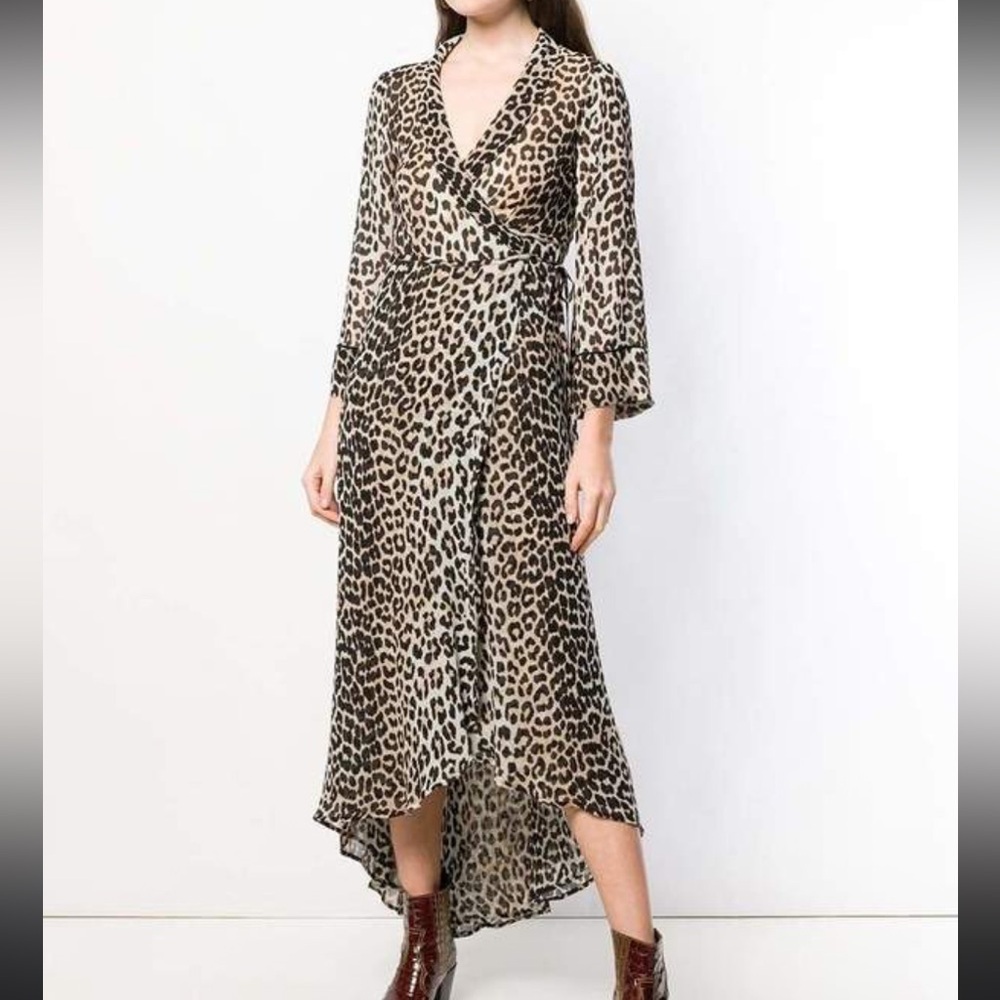 NWT Ganni Mullin Wrap Dress Asymmetrical Leopard Print
